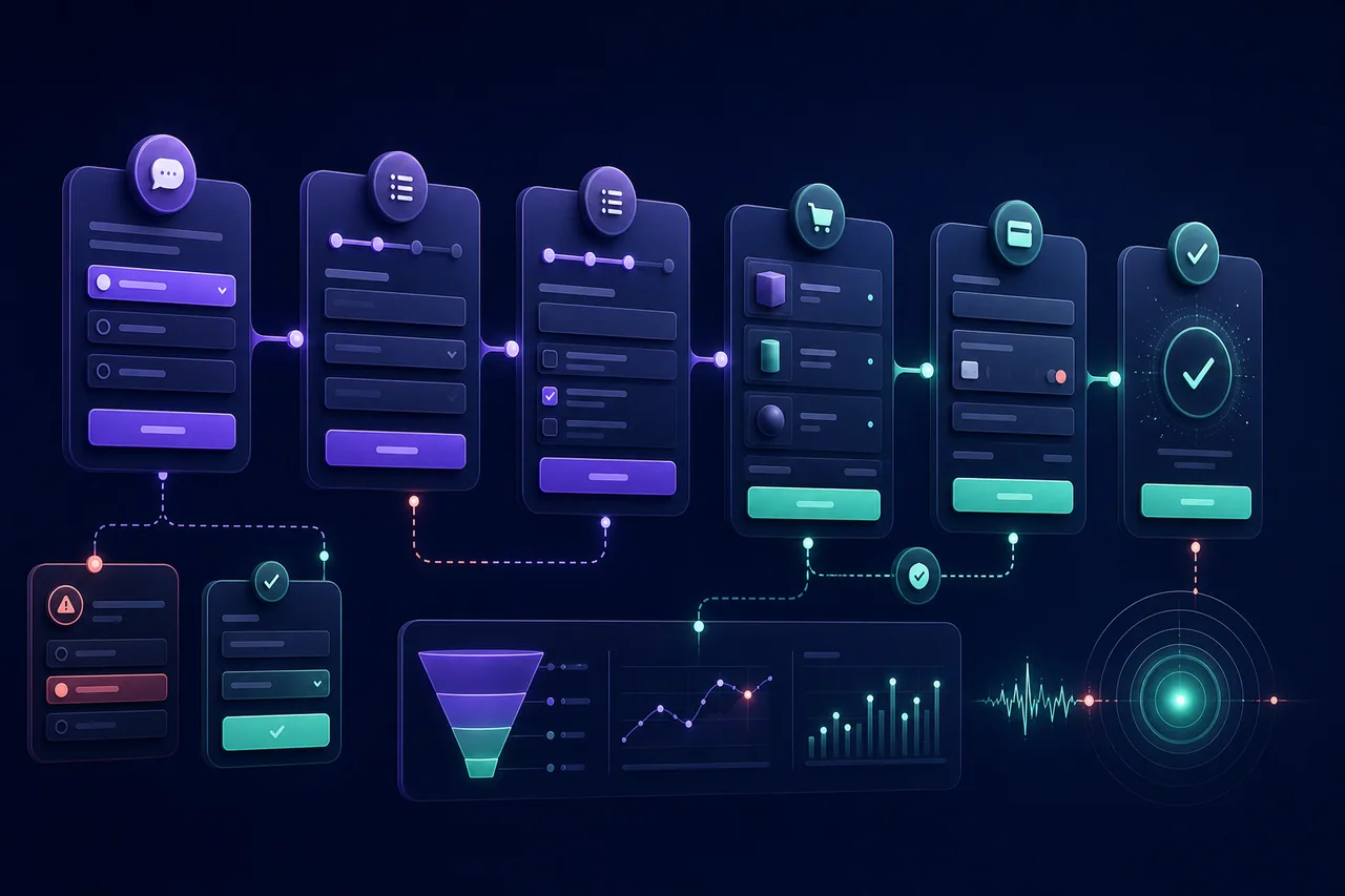 Illustration of a questionnaire flowing through cart, checkout, validation, and analytics