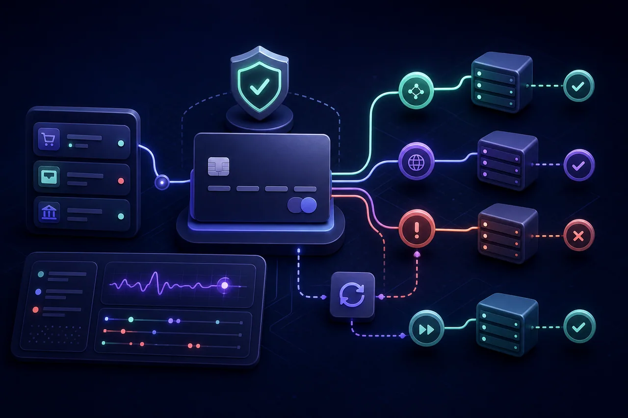Illustration of payment requests routed through secure processors, retries, and webhooks